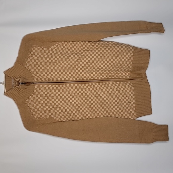 Saks Fifth Ave cashmere cardigan L sweater retro check zip front caramel cream - Picture 1 of 9